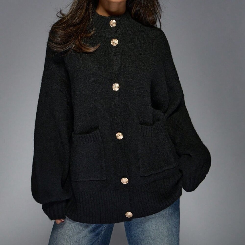 Black Casual Women's Knitted Button Drop Shoulder Long Sleeves Cardigan